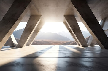 Fototapete - architecture empty room with window and mountain background with sunlight