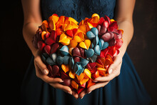 Holding Colorful Hearts In The Hand, Volenteer And Humanitarian Help Concept, Charity And Friendship, Support And Love, Generative AI 