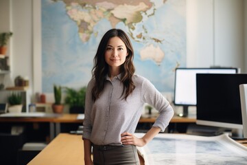 Casual portrait of a designer in her office standing by her desk, daylight coming through the window, corporate photography. 