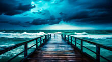 Pier In The Middle Of Stormy Ocean. Generative AI