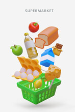 Vertical Poster For Supermarket. Shopping Basket With Collection Of Different Products. Dairy Produce, Oil, Cheese, Bread For Sandwich And Fruits. Vector Illustration With Place For Text