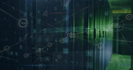 Poster - Animation of connected graphs and globe icons with multiple words and letters over server room