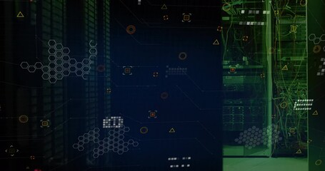 Poster - Animation of multiple lines and geometric symbols over data server rack
