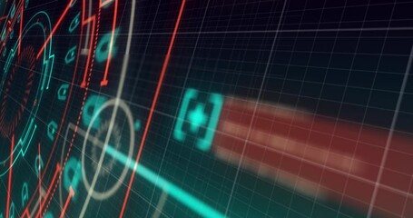 Poster - Animation of multiple geometric shapes and plus sign with computer language on grid