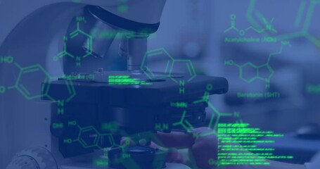 Poster - animation of molecular structure and programming language over microscope in laboratory