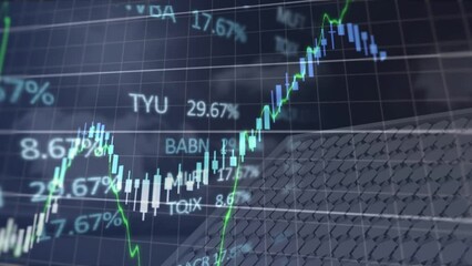 Poster - Animation of graphs with changing numbers and trading board over solar panel against cloudy sky