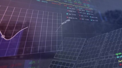 Poster - Animation of graphs, trading boards and solar panels over trees against abstract background