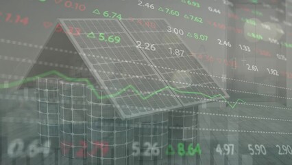 Poster - Animation of graphs and trading board over house made of solar panels and batteries