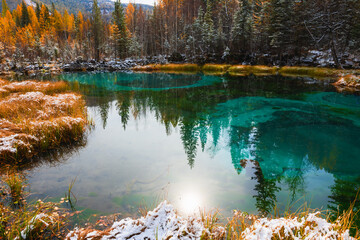 Wall Mural - Blue geyser lake in Altai mountains, Siberia, Russia. Autumn landscape