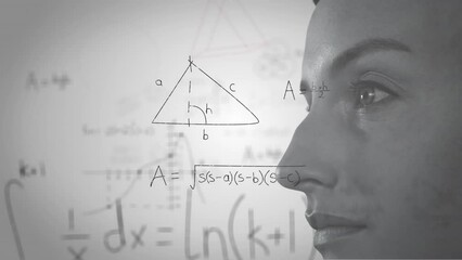 Poster - Animation of mathematical equation and diagrams over close-up of caucasian woman