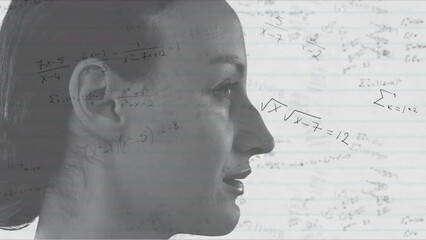 Poster - Animation of mathematical equations, close-up of caucasian woman standing against white background