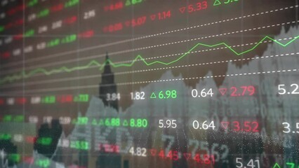 Poster - Animation of trading board and graphs over modern buildings against sky