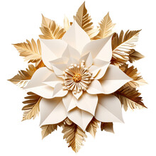Paper White Poinsettia With Gold Leaves For Christmas Decor Isolated On Transparent Background