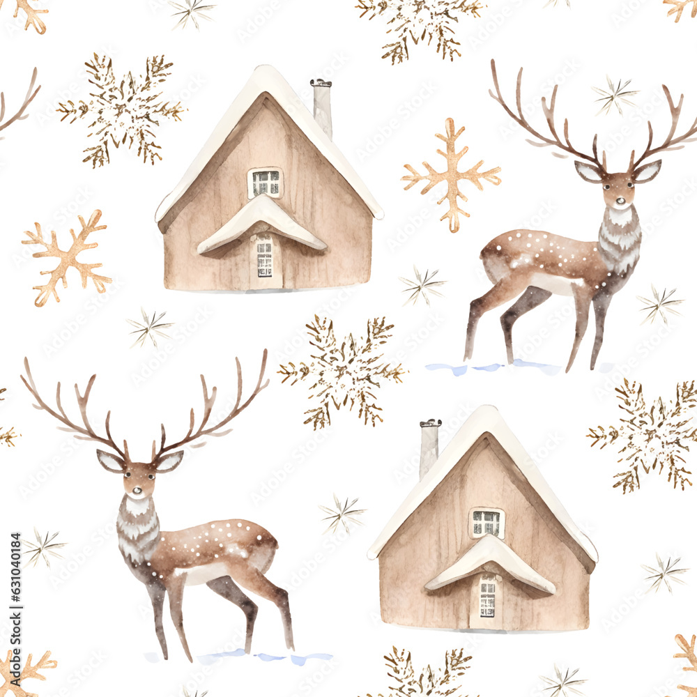 Watercolor Christmas seamless pattern with beige wood house and deers ...