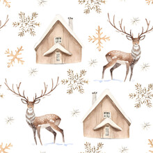Watercolor Christmas Seamless Pattern With Beige Wood House And Deers In Winter Forest. Hand Painted Illustration With Snowflakes Isolated On White Background. For Design, Print, Fabric, Background.