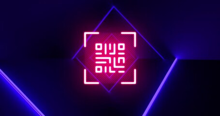 Poster - Animation of qr code in viewfinder over rhombuses tunnel against blue background