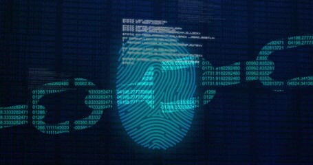 Poster - Animation of numbers forming blockchain over fingerprint and computer language on black background