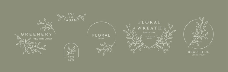 Wall Mural - Botanical logo templates with minimalist floral elements. Vector illustration in line art style
