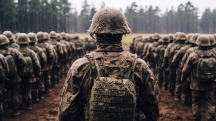 Wall Mural - back view of solider standing in the row of group army 