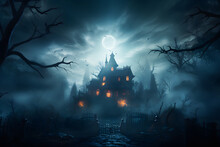 Moonlit Haunting: The Eerie Charm Of The Mansion In The Mist Ai Generated Art 