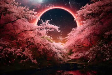 Wall Mural - cherry blossom ring: an annular solar eclipse viewed from a blossoming cherry blossom garden