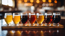Close-up Of Craft Beer Tasting Flight At The Local Brewery Of Small Pint Glasses In A Row On A Tray With Rainbow Variety Of Dark Malt Shouted To Golden Yellow Hoppy Ales On The Bar