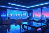 Blue neon lighting background and modern office room animatic ver.1- Generative AI