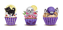 Hand Painted Festive Halloween Cupcake Set. Cream Dessert, Fruit, Black Cat, Full Moon, Skull And Bones, Spider, Spider Web. Decorative Design Items On White Background. Vector Illustration Drawing. 