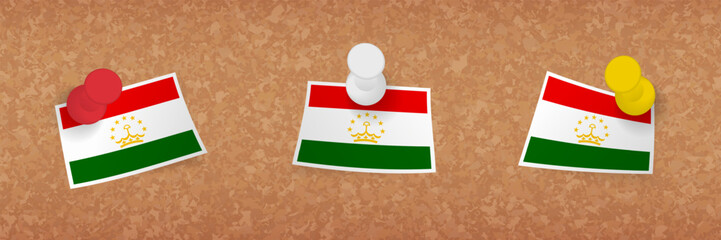 Sticker - Tajikistan flag pinned in cork board, three versions of Tajikistan flag.