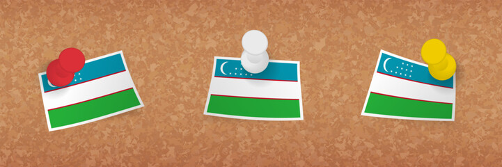 Wall Mural - Uzbekistan flag pinned in cork board, three versions of Uzbekistan flag.