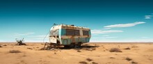 Living In Remote Destinations. An Abandoned Motor Home Or Camping Truck, In The Middle Of Dry Land Or Desert. Beautiful Blue Sky Above. Generative AI