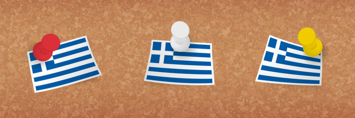 Wall Mural - Greece flag pinned in cork board, three versions of Greece flag.