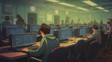 Teacher in the programming classroom taking students examination