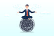 Man in lotus meditation on chaos mess line with positive energy, stress management, meditation or relaxation to reduce anxiety, control emotion during problem solving or frustration work (Vector)