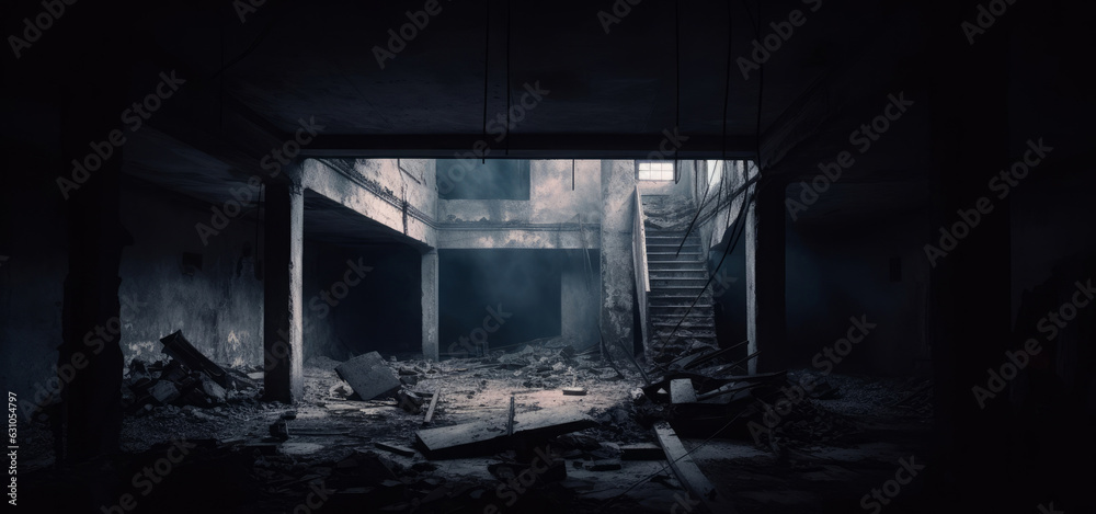 Inside a dark and dim abandoned house or small building. Dark and dim ...