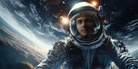 Poster - Cosmonaut astronaut opens new worlds panorama of galaxies, a fantastic portal to a distant universe.