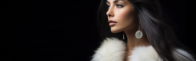 beauty of a beautiful woman with long hair, white fur coat with long faux fur.