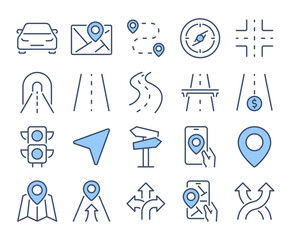 Navigation, road, and map blue editable stroke outline icons set isolated on white background flat vector illustration. Pixel perfect. 64 x 64.