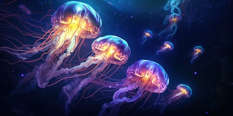 Aufkleber - Glowing jellyfish swim deep in the blue sea space.