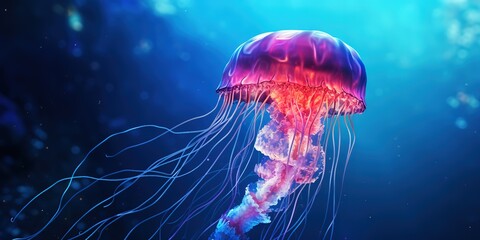 Aufkleber - Glowing jellyfish swim deep in the blue sea space.