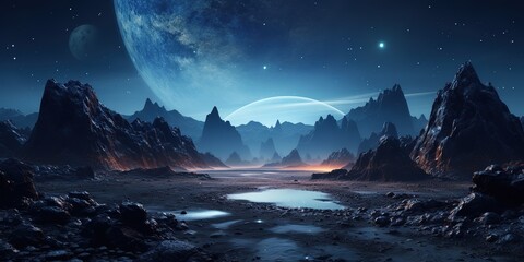 Canvas Print - Fantastic view of the space landscape from the surface of the planet.