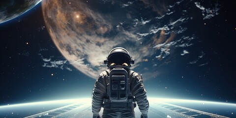 Aufkleber - An astronaut astronaut stands on a bridge of reflective stars and looks into space, billions of stars and galaxies.