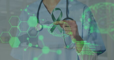 Poster - Animation of brains and medical data processing over biracial female doctor holding ribbon