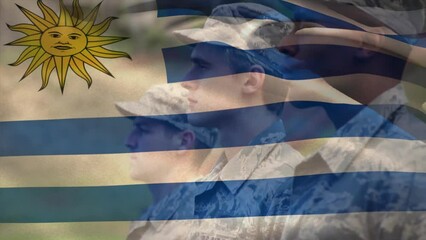 Wall Mural - Animation of flag of uruguay over diverse male soldiers