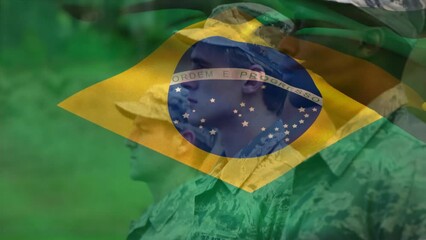 Poster - Animation of flag of brazil over diverse male soldiers