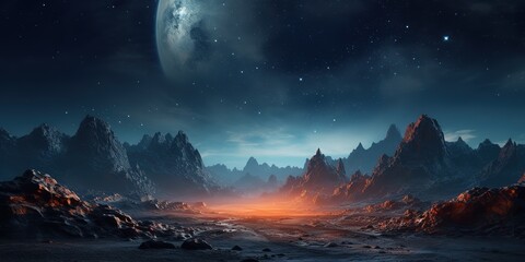 Wall Mural - Fantastic view of the space landscape from the surface of the planet.