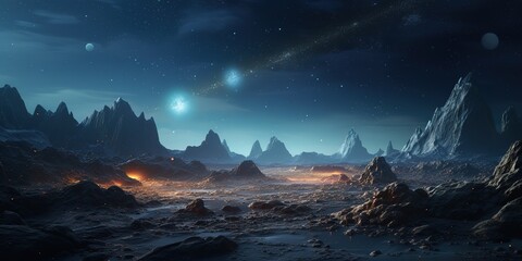 Wall Mural - Fantastic view of the space landscape from the surface of the planet.