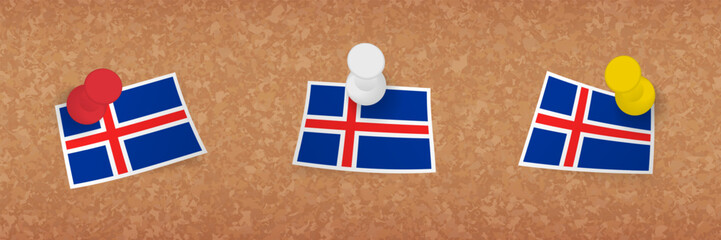 Sticker - Iceland flag pinned in cork board, three versions of Iceland flag.