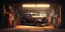 Old Garage Or Shed With A Vintage Car. An Old School Garage With A Hot Rod Car Base Material. Warm Lighting. Hand Edited Generative AI