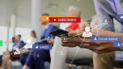 Poster - Animation of network of connections and social media icons over caucasian man using smartphone